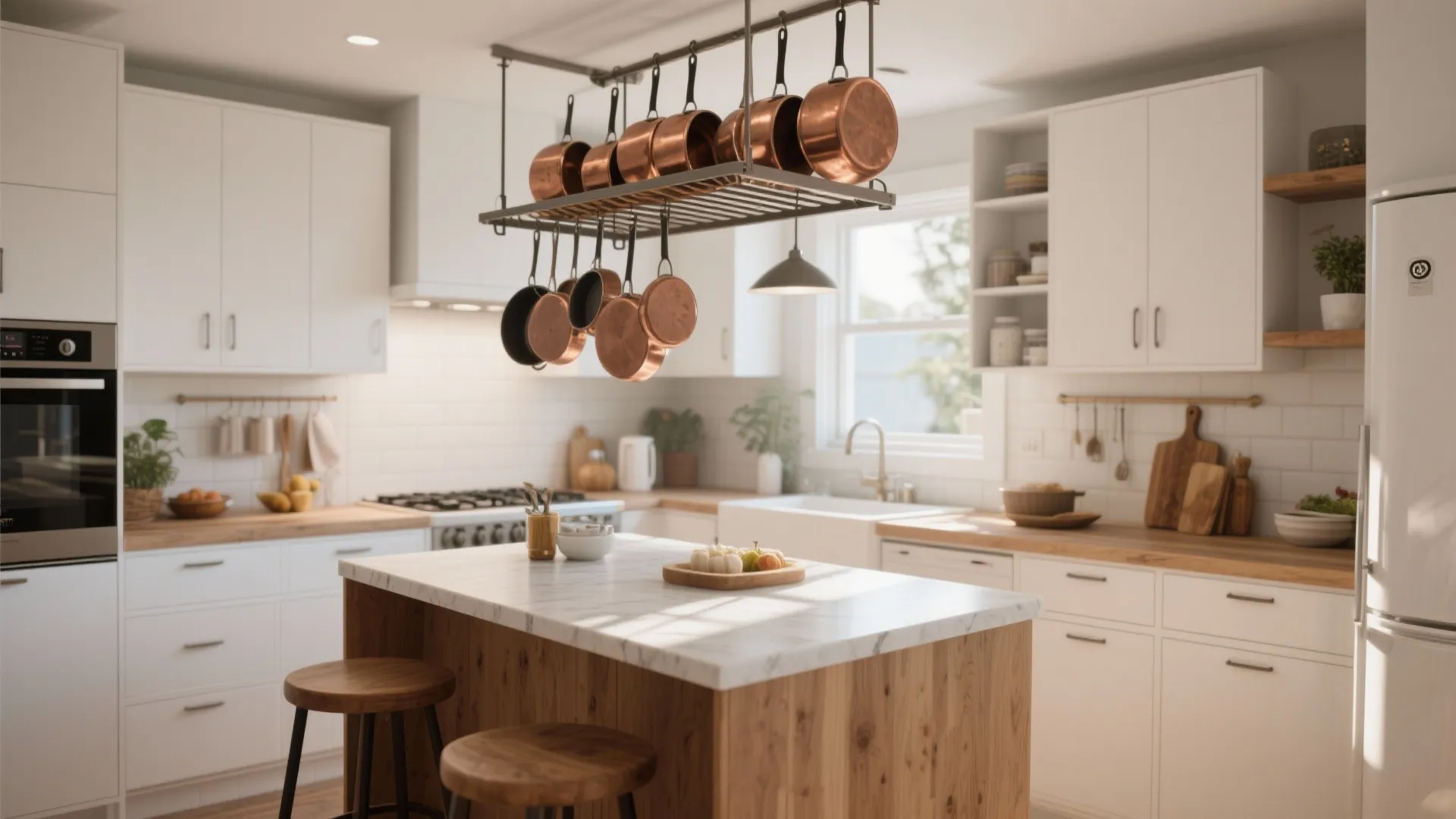 Bright kitchen featuring white cabinets wood island and ceiling rack hanging copper pots and cooking pans