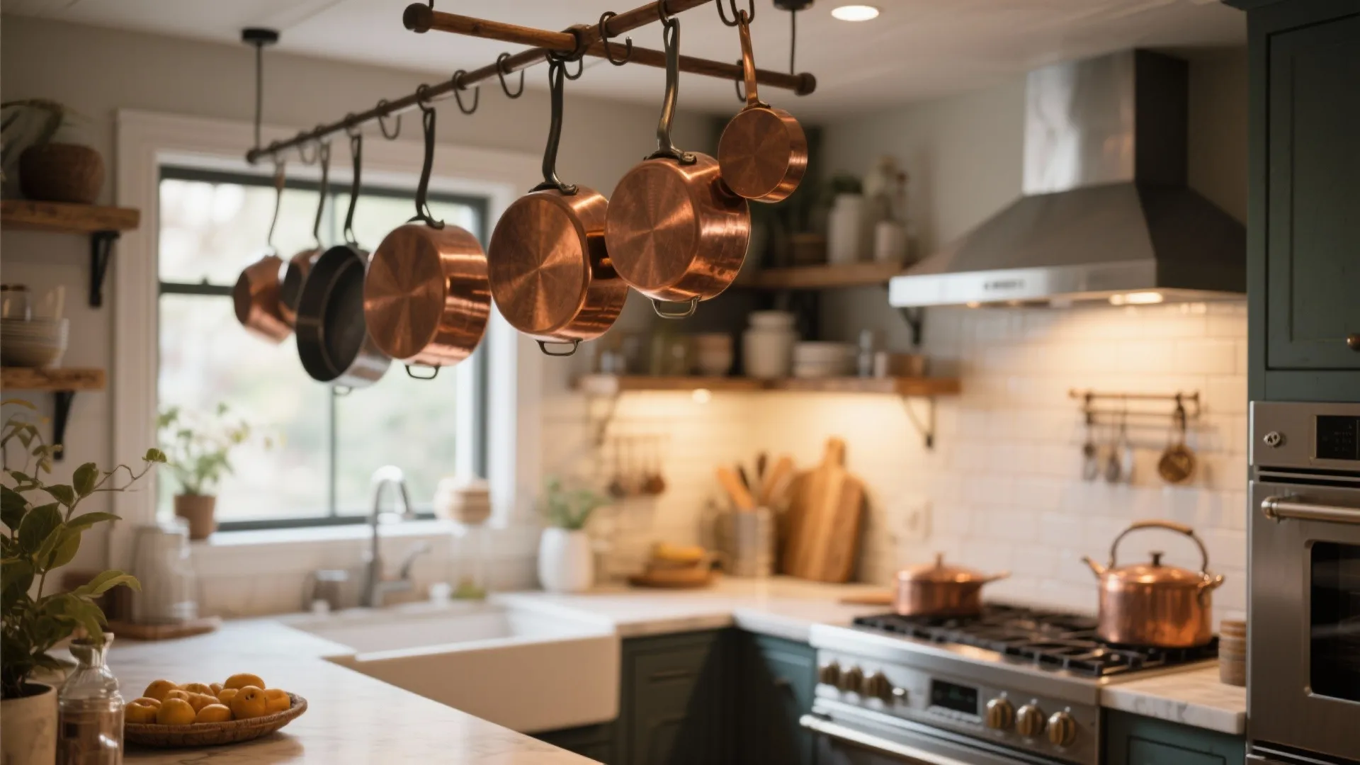 Hanging rack with copper pots and pans in a rustic kitchen with white tiled walls