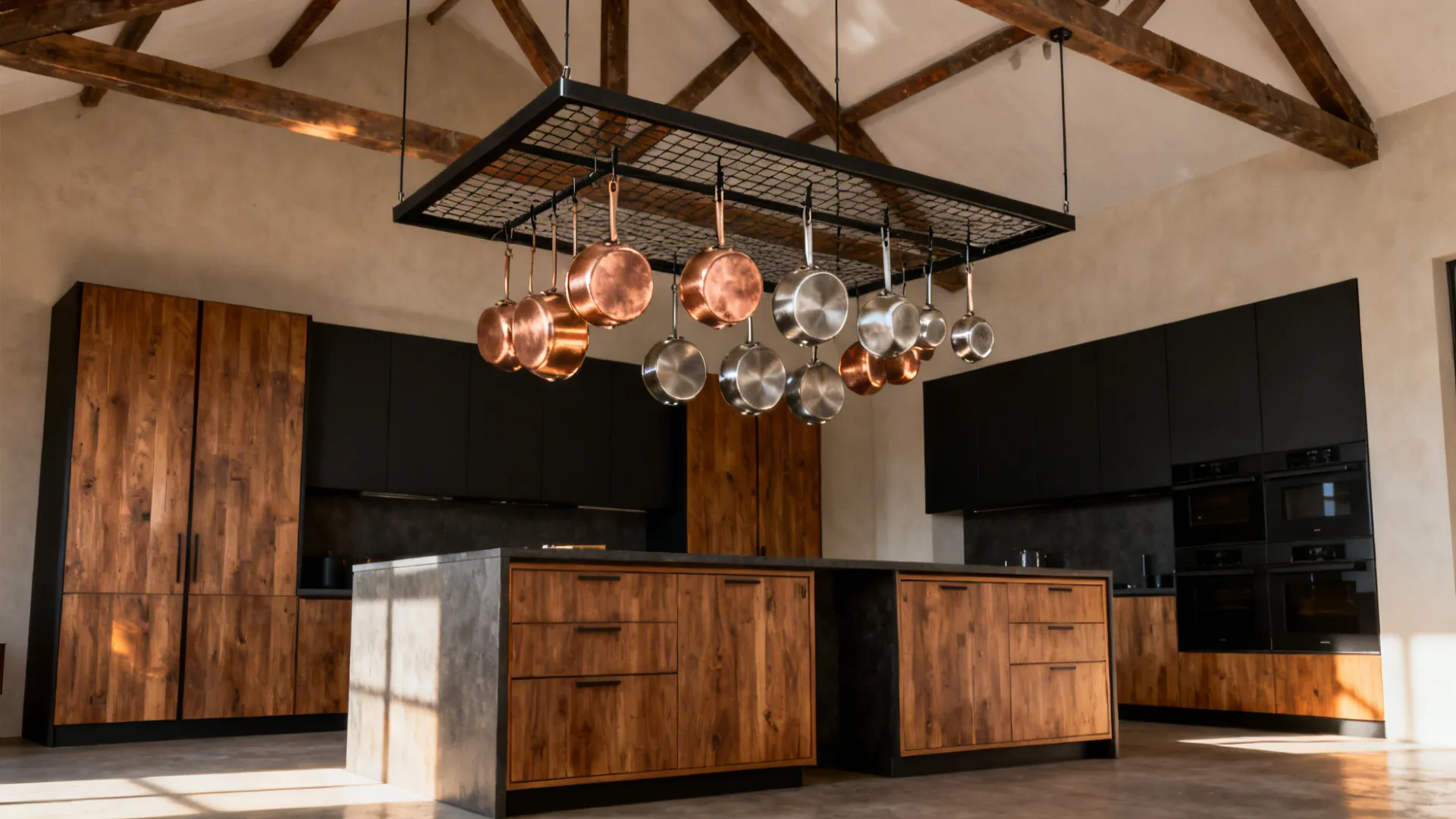 Loft kitchen with a ceiling-mounted pot rack over an island holding copper and steel pans on closed hooks.