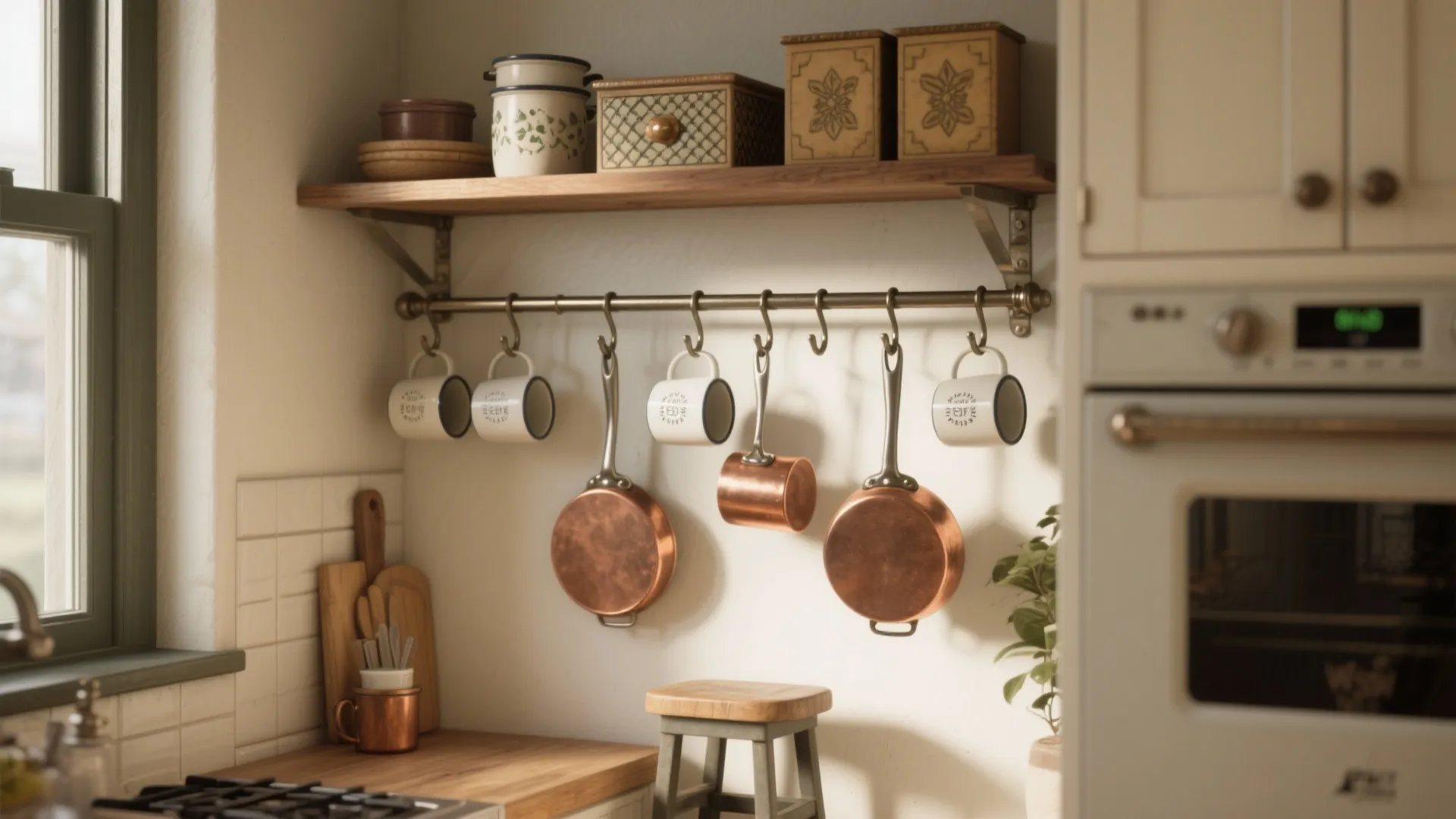 Wooden wall shelf above metal hanging rail with copper pots white mugs and kitchen jars