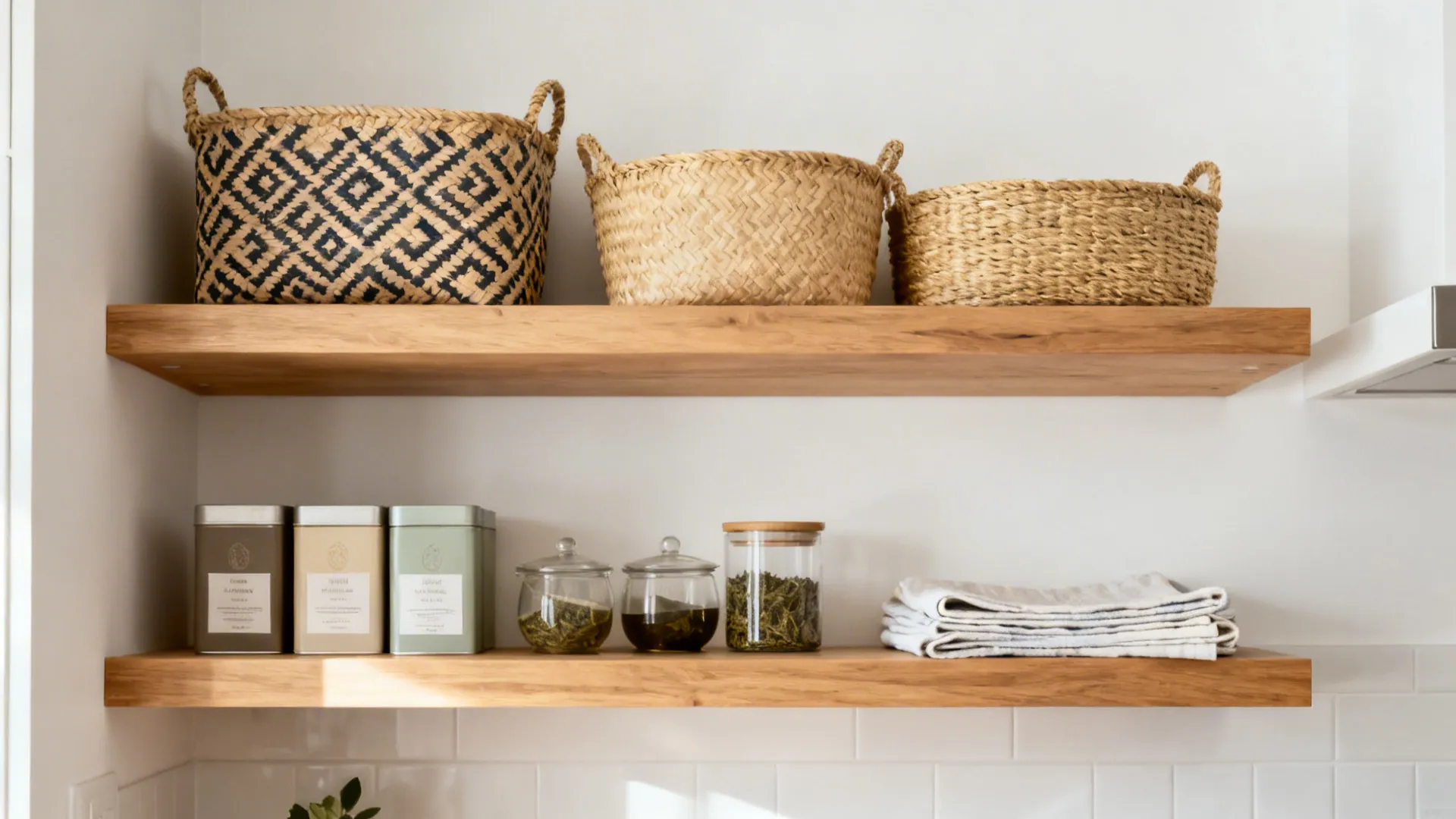 Two wooden floating shelves displaying woven baskets tea canisters glass jars and folded white towels