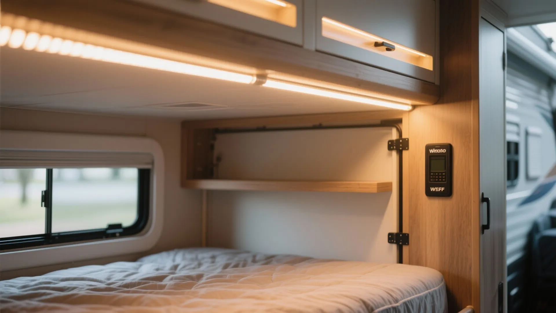 LED shelf lighting above Murphy bed in a camper for reading
