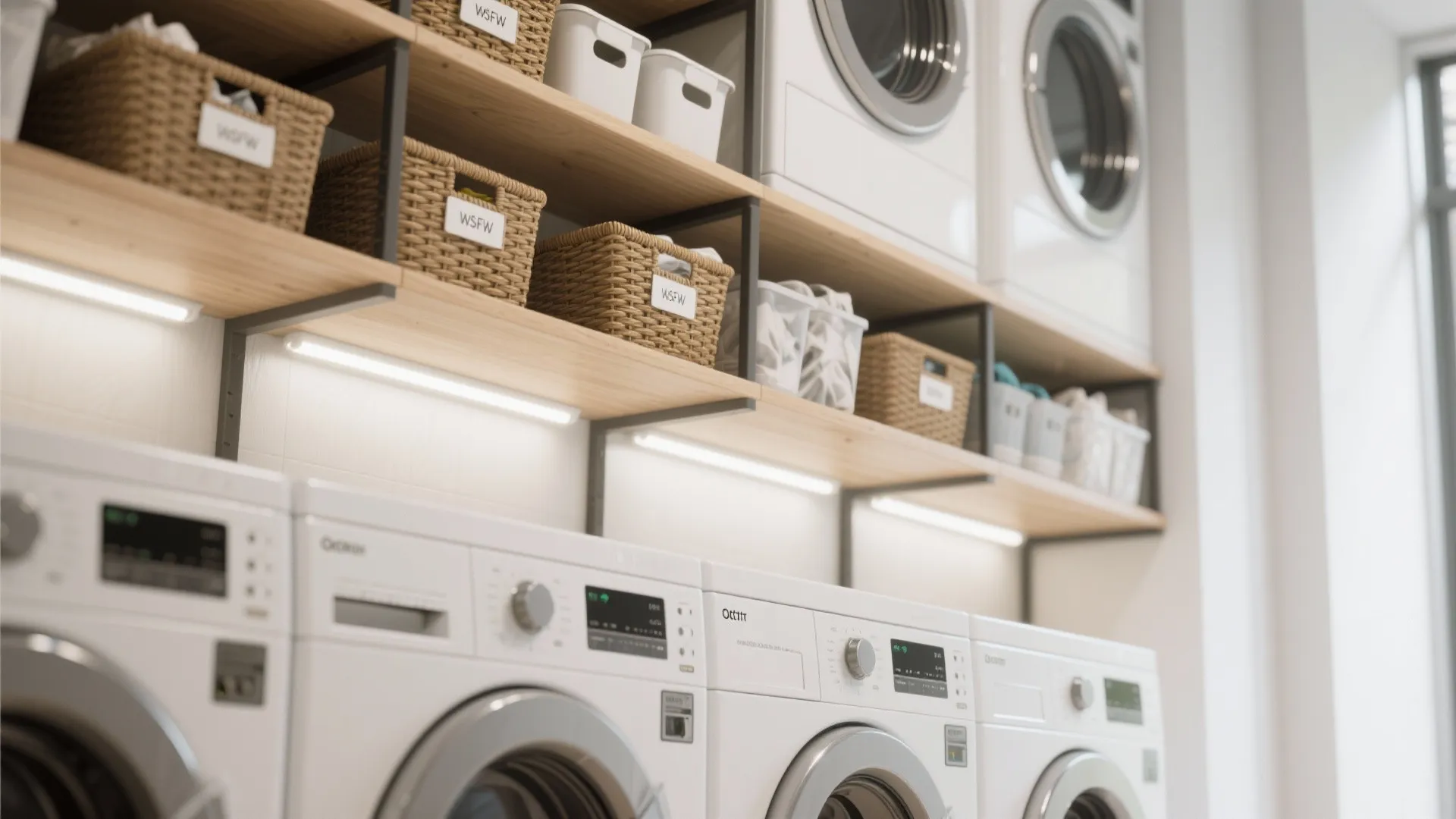 2. Overhead open shelving with baskets