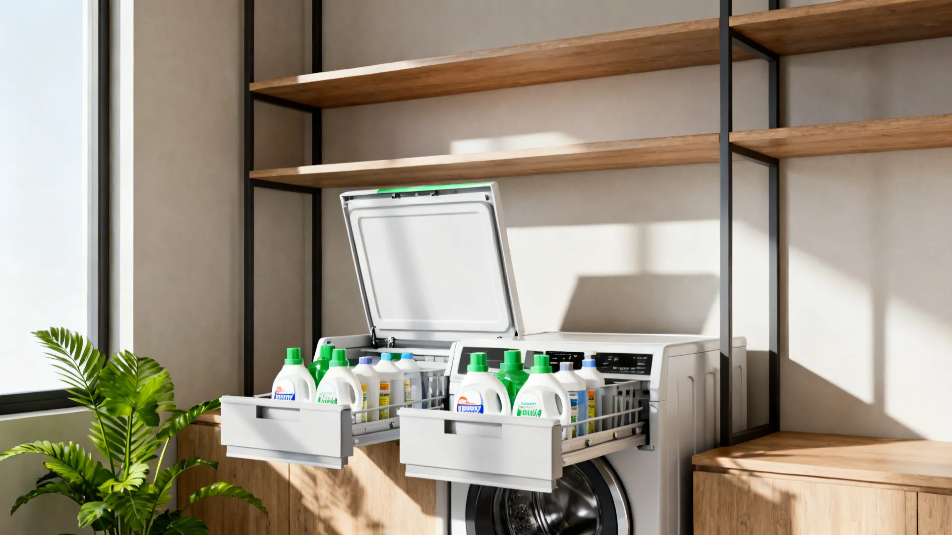 Open overhead shelving with drop-down bins above a top-load washer, organized and accessible.