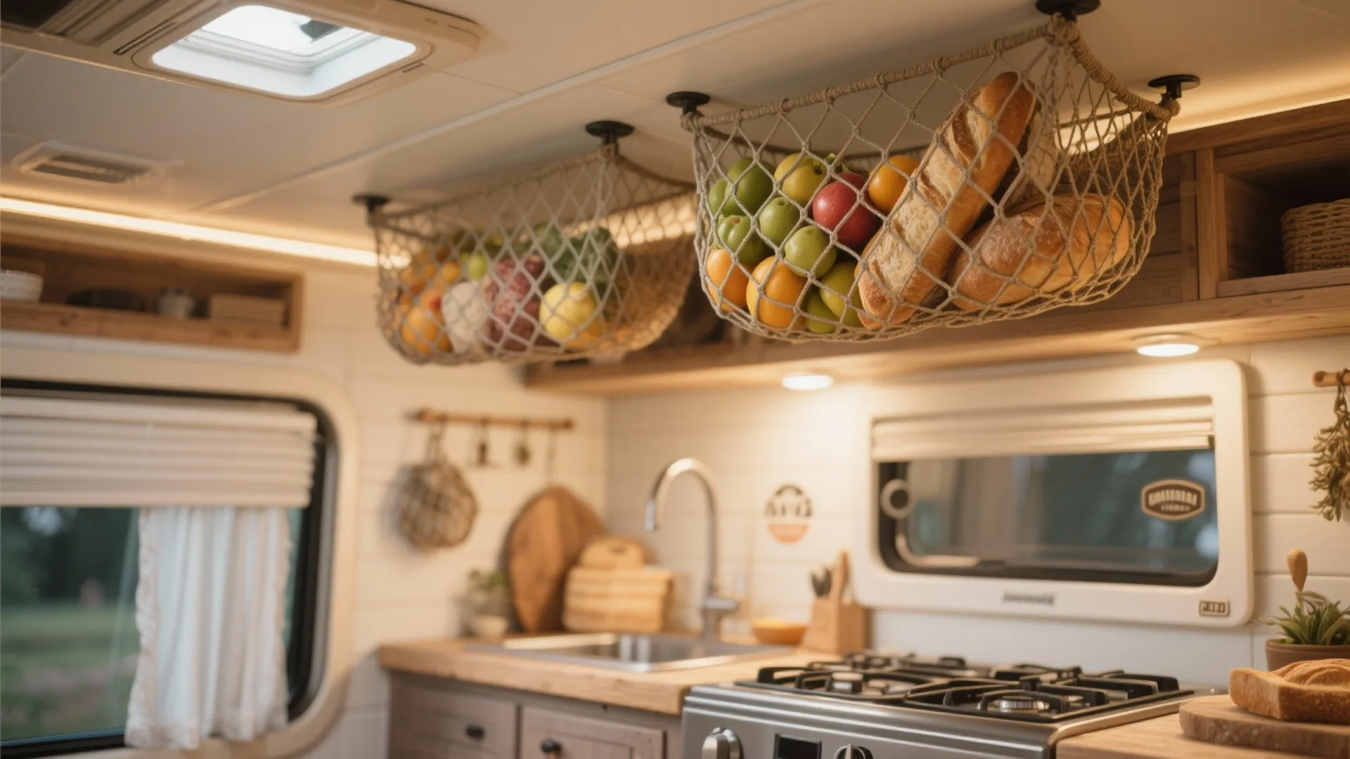 Net baskets hanging above camper kitchen counter