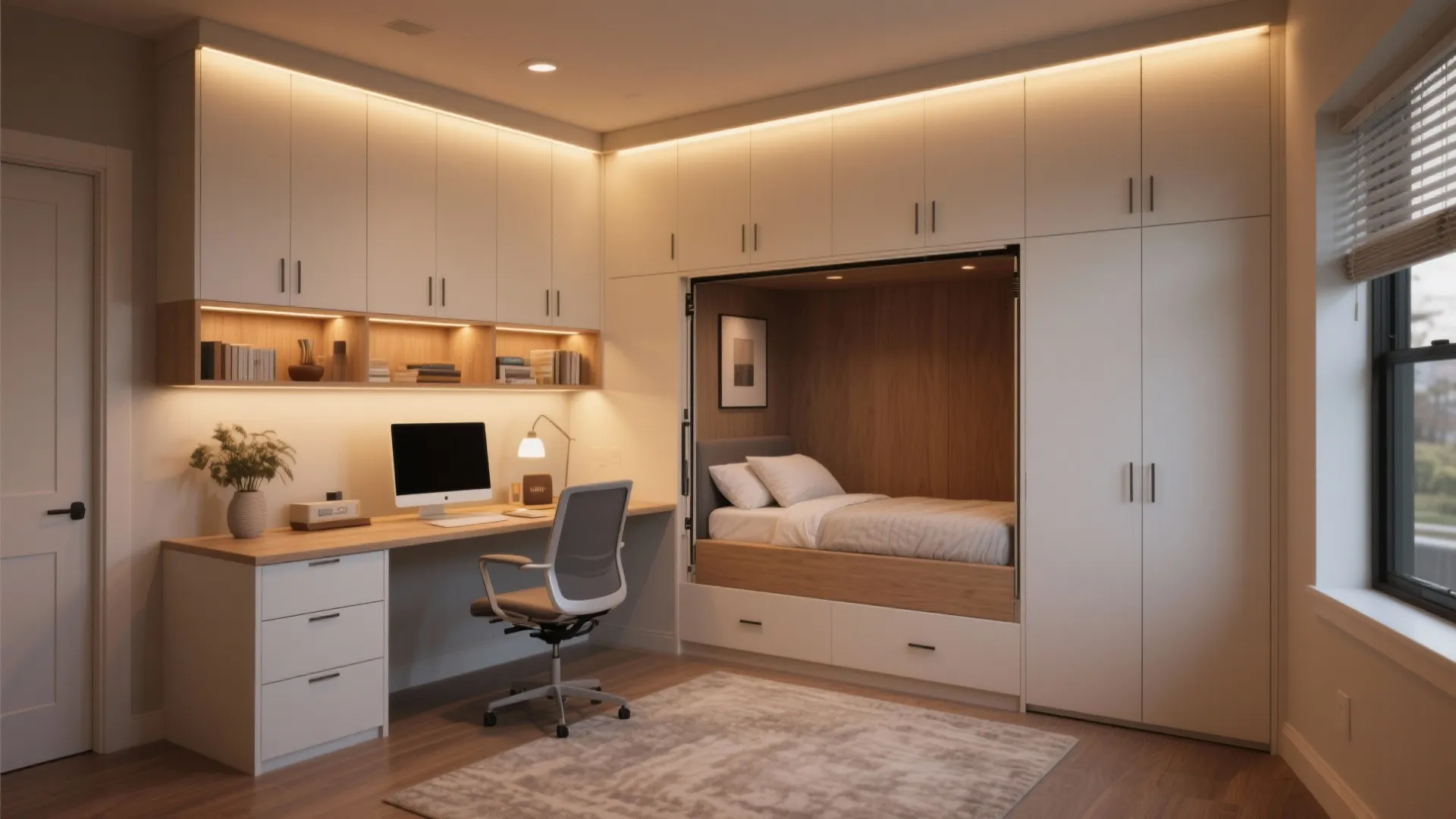 Murphy bed framed by overhead storage cabinets in a cozy office
