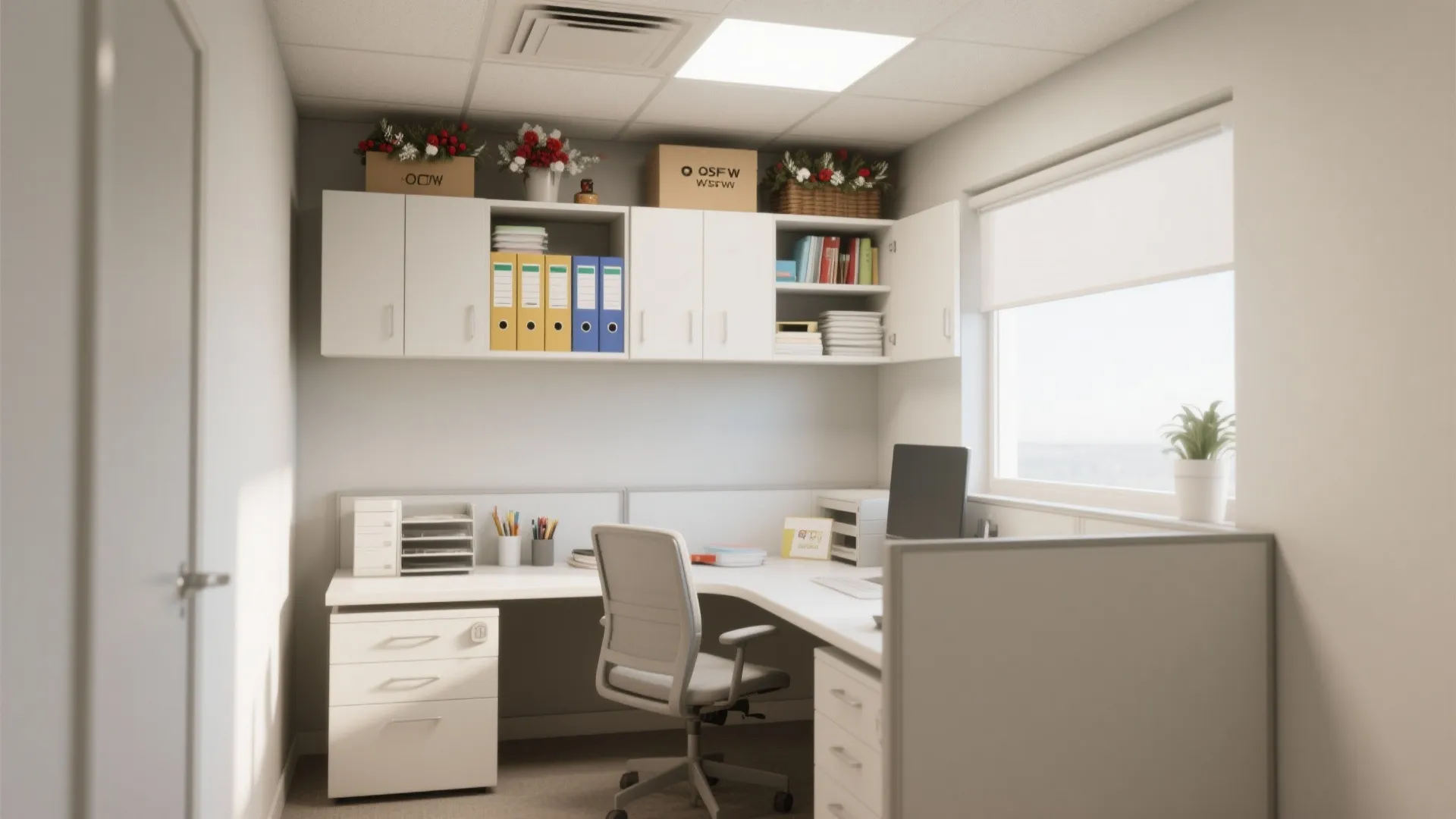 Bright office room with white desk chair wall cabinets storage boxes and natural window light