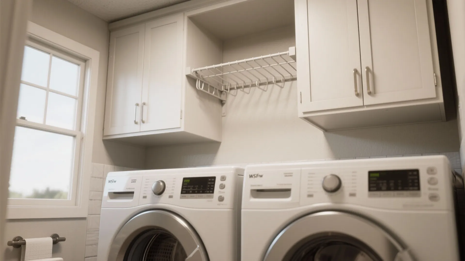 Compact bathroom with cabinets and drying rack above laundry machines