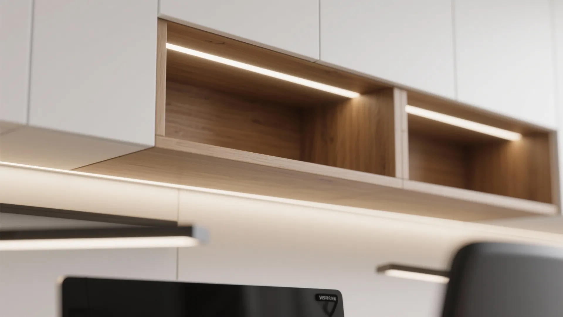 Close up of white wall cabinets with wooden open shelves and built in light strips