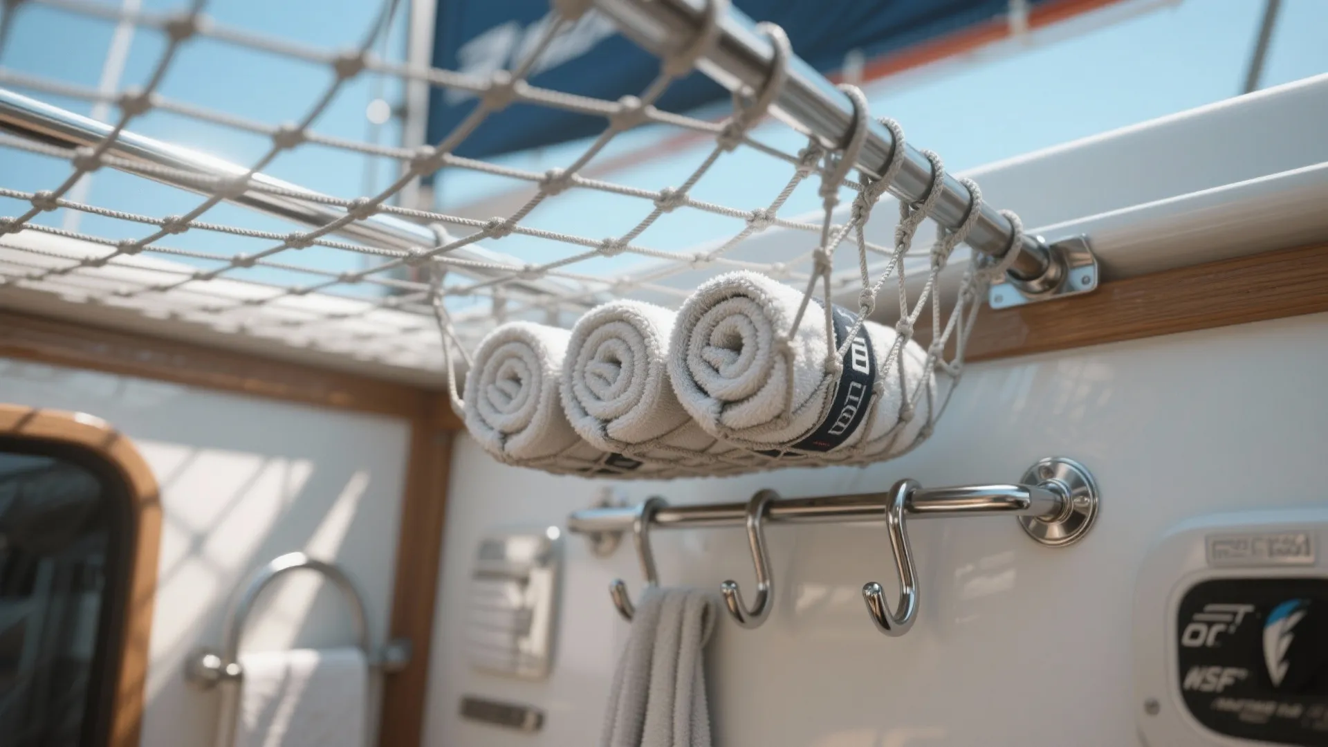 Close up view of boat storage net holding white rolled towels above metal hanging wall hooks