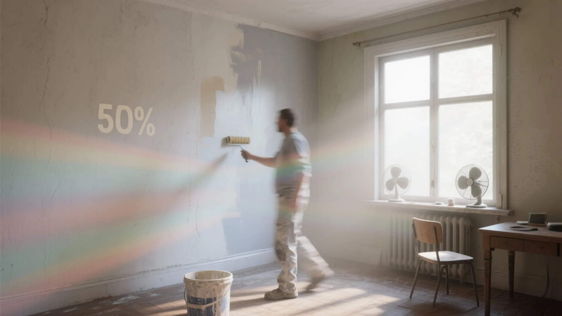 Wide view of a room being sprayed with visible overlapping passes and fans for ventilation.
