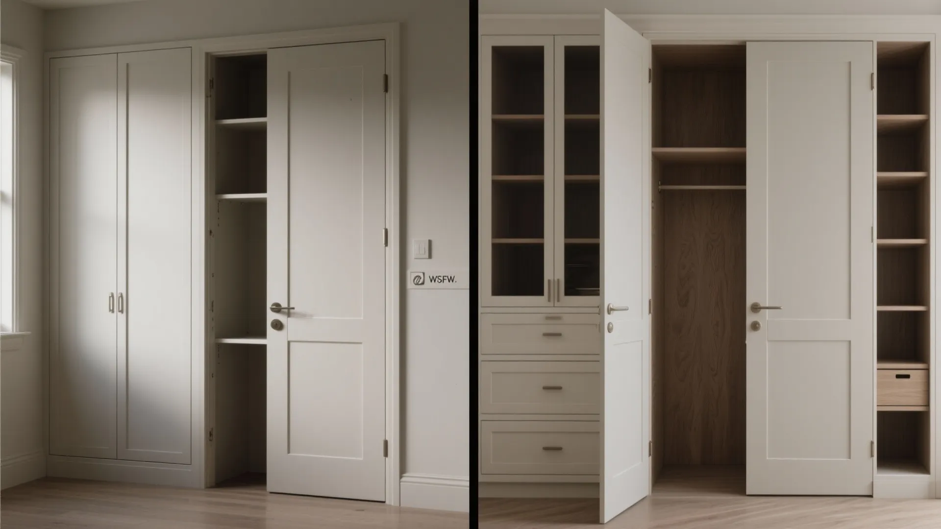 Before and after comparison of closet interior showing empty shelves versus organized drawers and hanging space