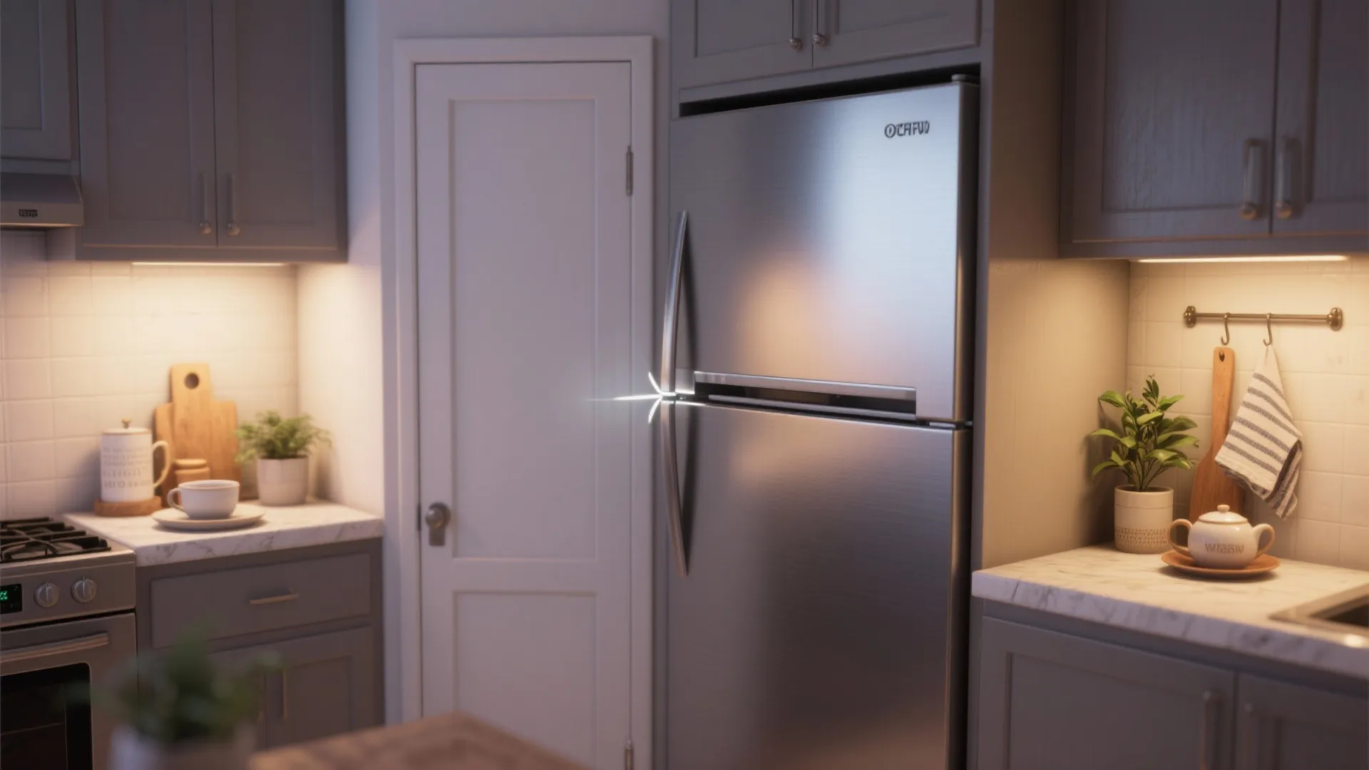 Modern kitchen with grey cabinets marble countertops and a large stainless steel refrigerator near door