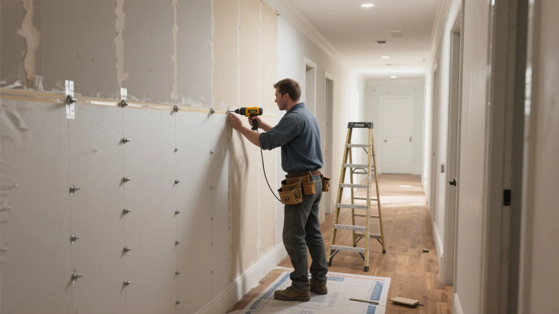 Man using a power drill to install a white wall panel in a long hallway