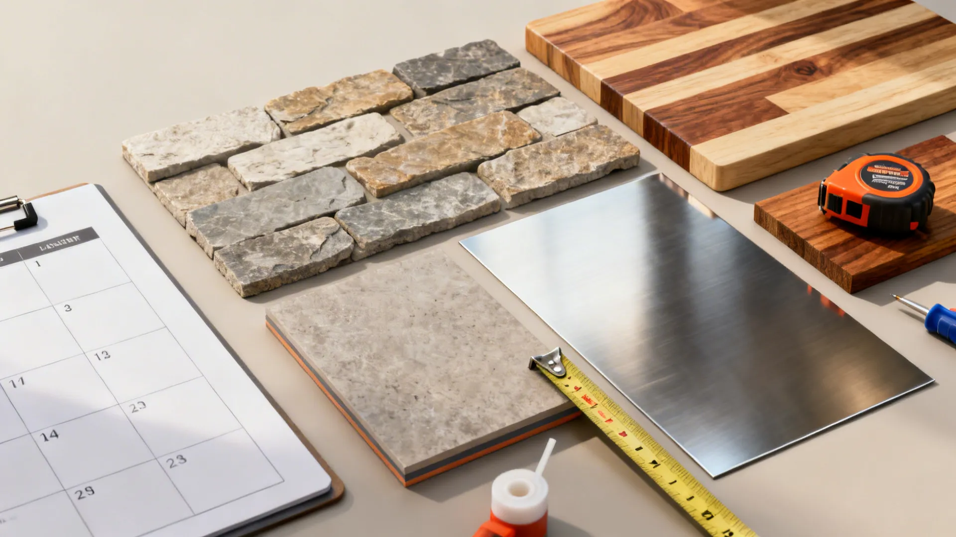 Flatlay of thin stone, stainless, and butcher-block overlay samples with tools