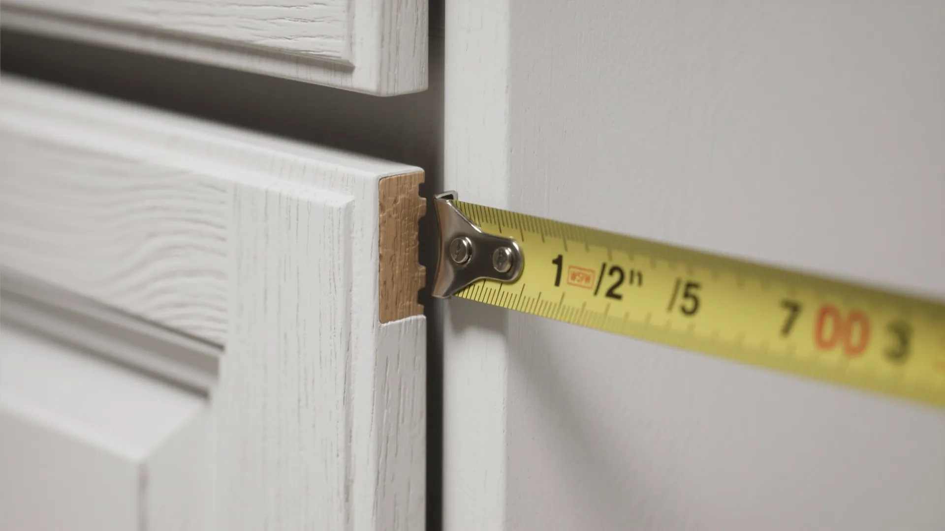 Close up of yellow measuring tape checking the depth of a white wooden cabinet door