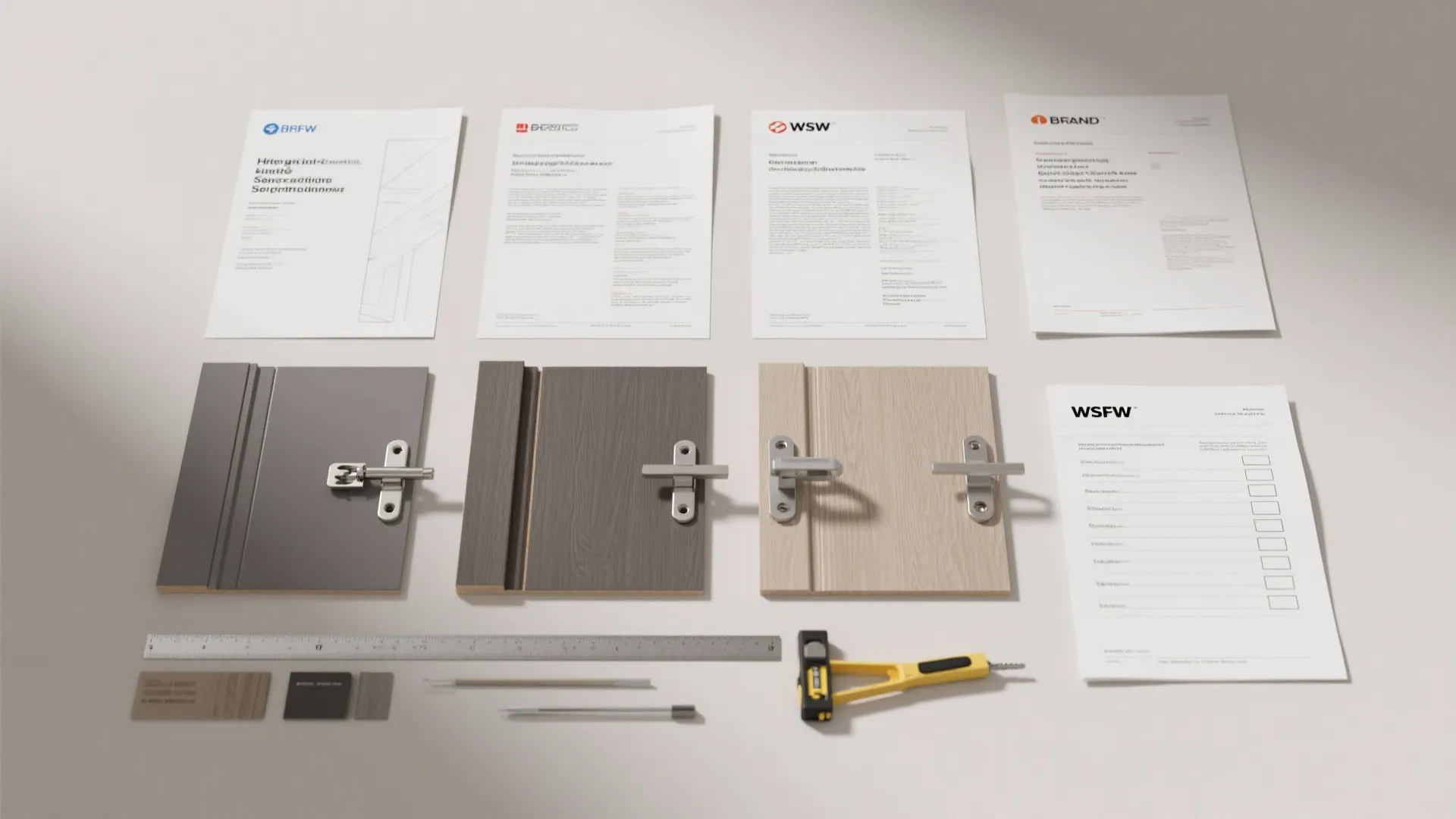 Cabinet door samples with handles displayed next to design documents ruler and small hand tools