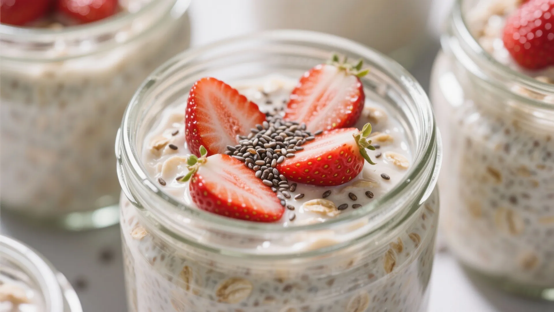 Glass jars filled with healthy overnight oats topped with fresh sliced strawberries and chia seeds