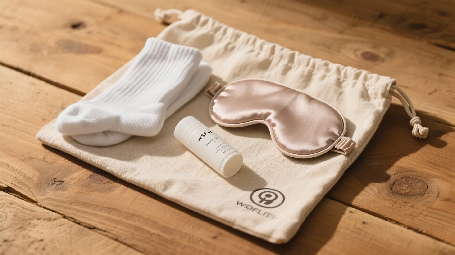 Travel kit with white socks pink silk eye mask and skin care bottle on wood
