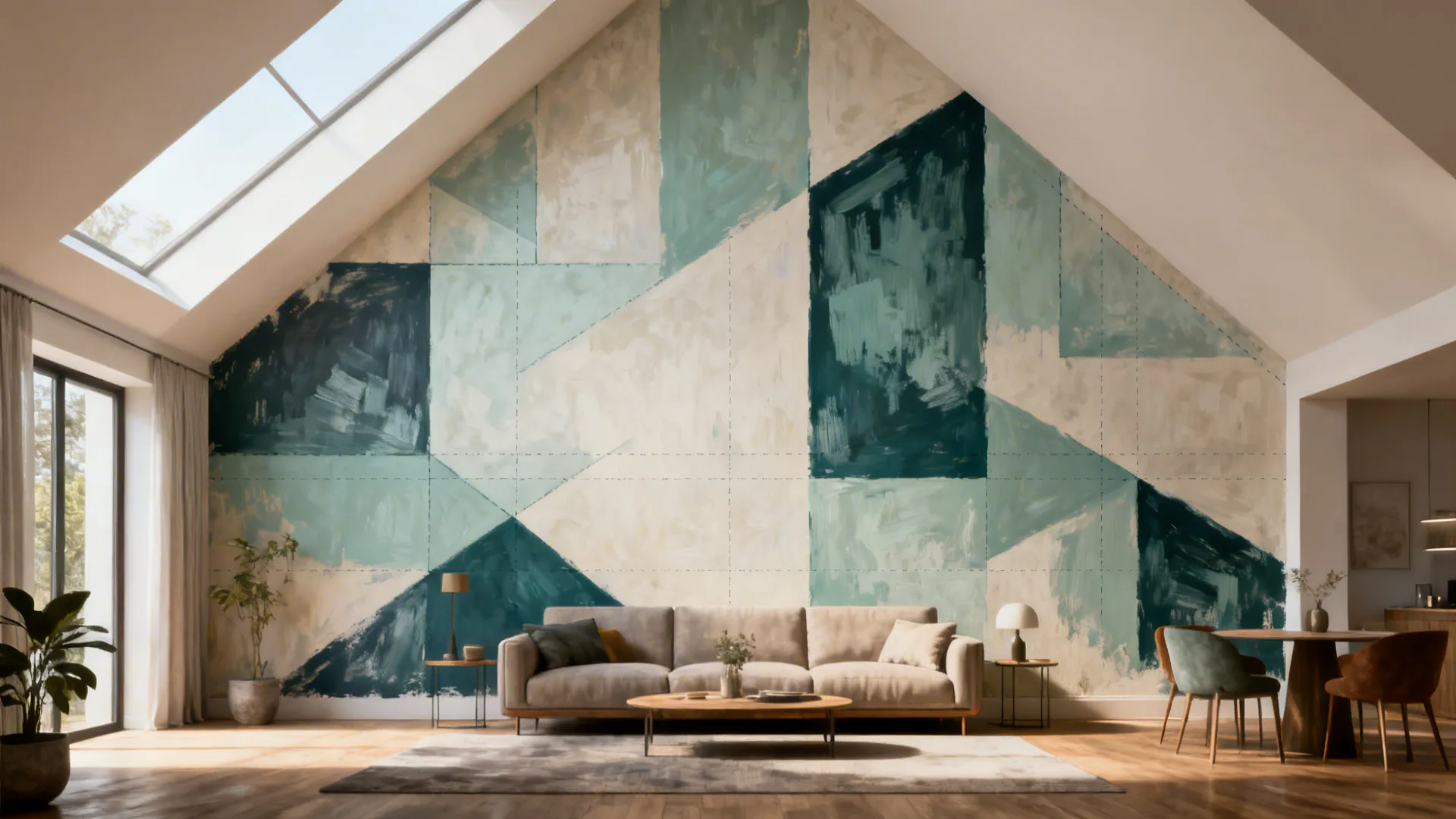 Vaulted living room with an oversized geometric mural as a bold focal point.
