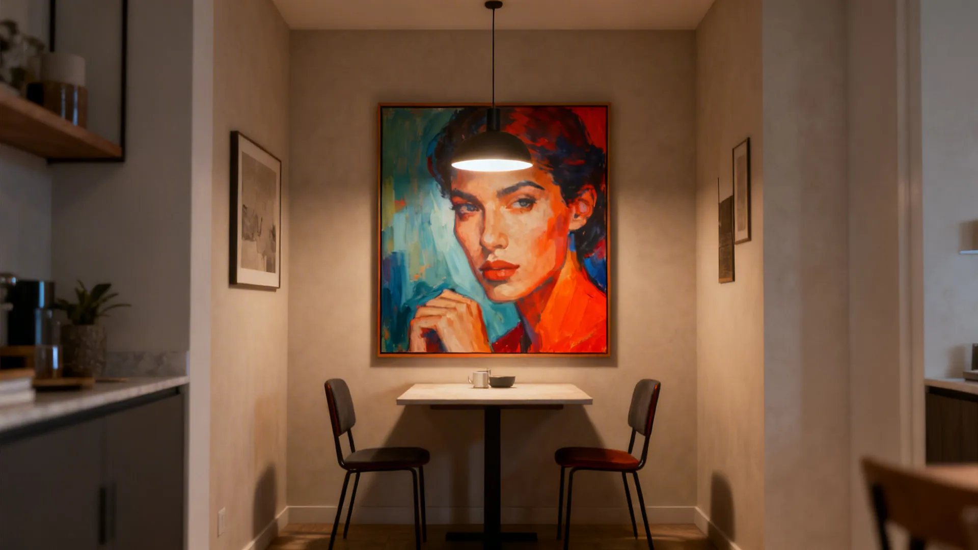 Compact dining nook anchored by a single large statement painting with pendant light.