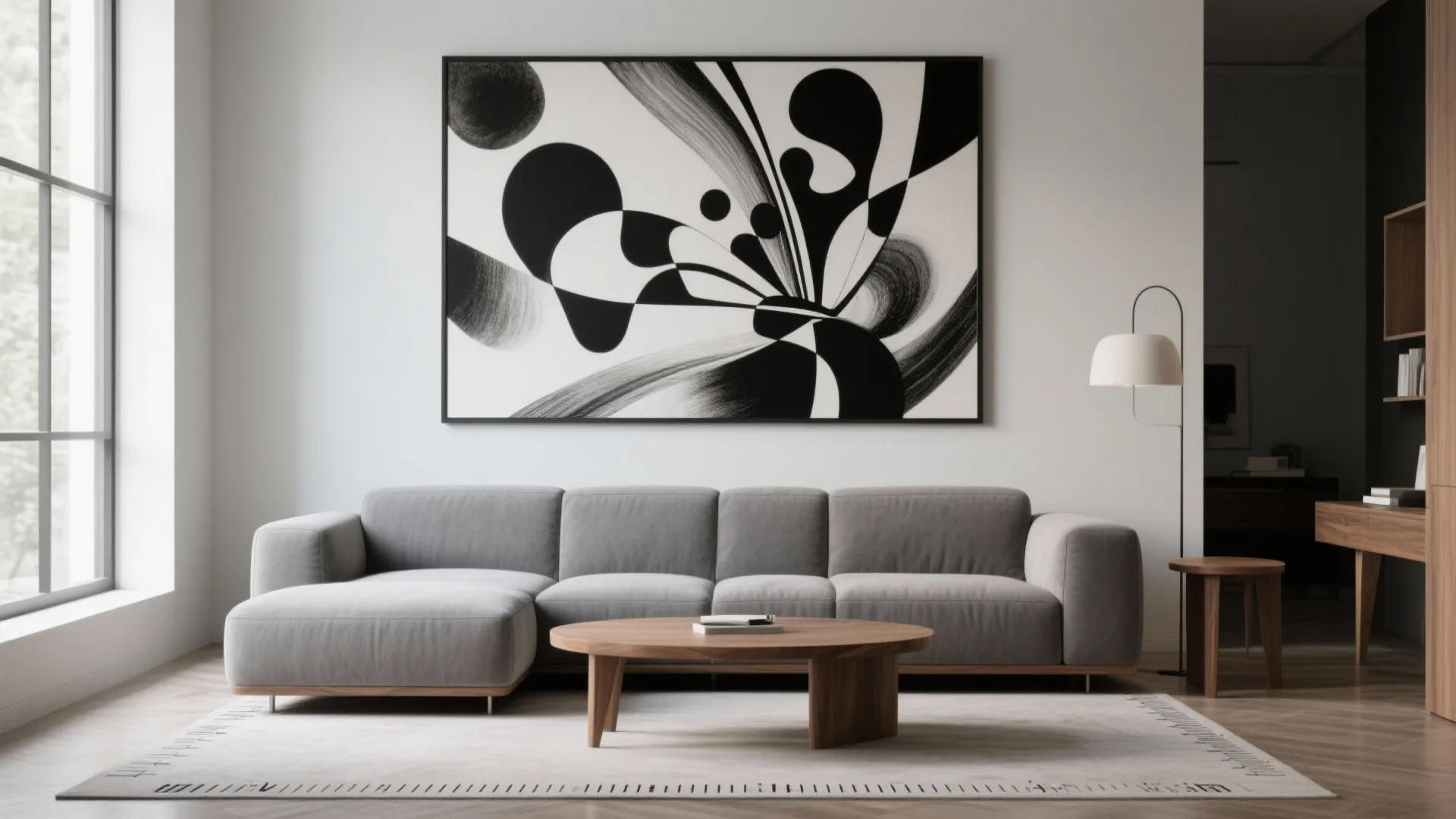 Modern living room featuring grey sofa large black white abstract wall art and round table