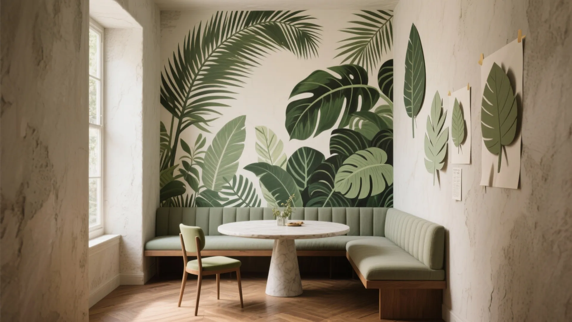 Narrow dining nook with an oversized botanical mural of palm leaves behind a banquette.