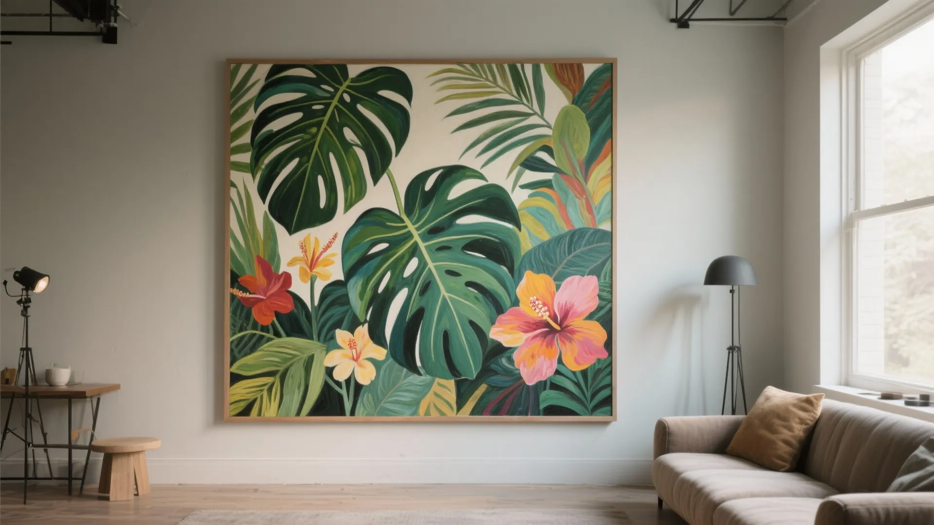 Studio interior with a single oversized botanical panel of vivid leaves against muted surrounding walls.