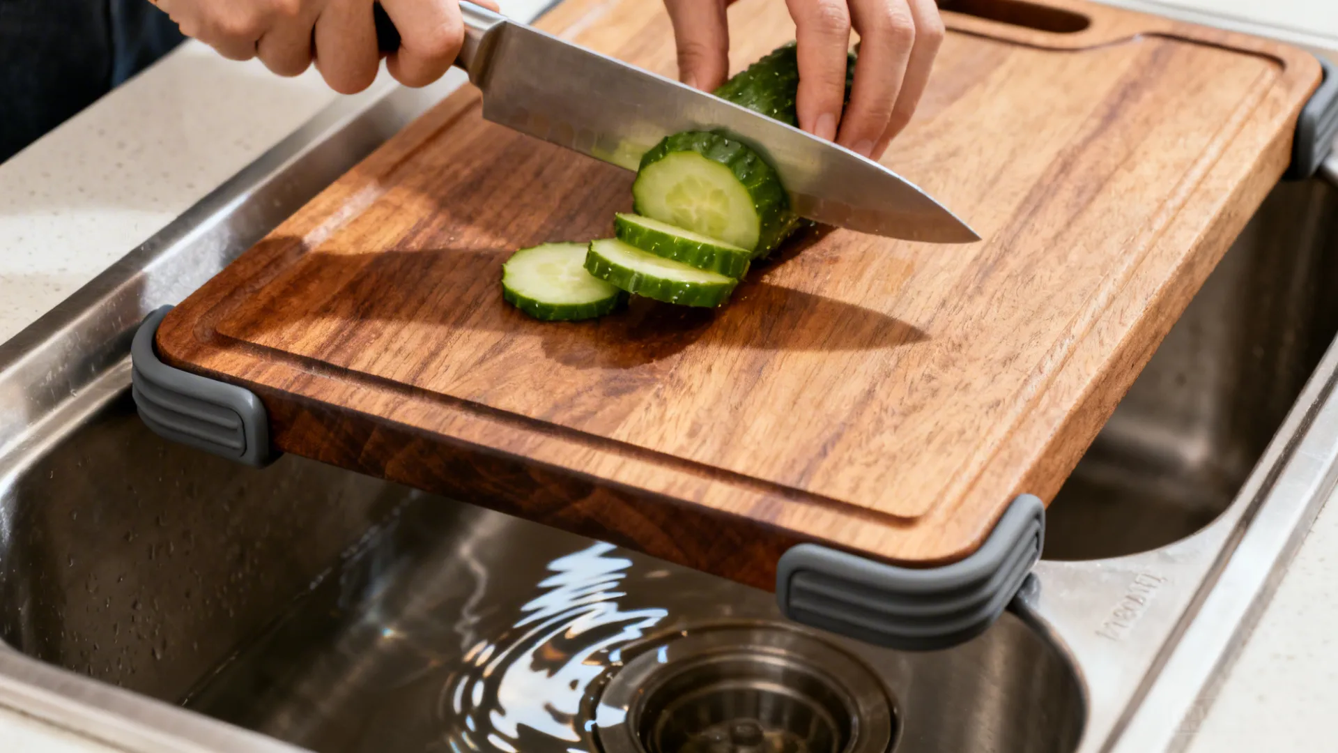 Macro of over-sink cutting board with rubberized feet secured over a sink during prep.