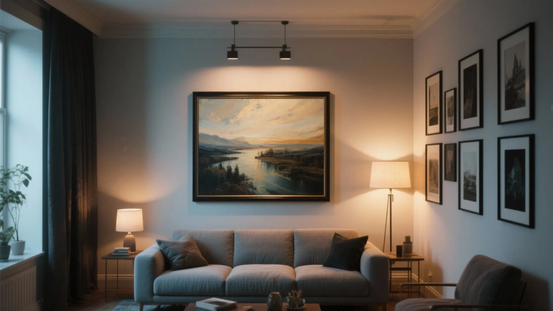 Modern living room with grey sofa large wall art warm floor lamp and ceiling light