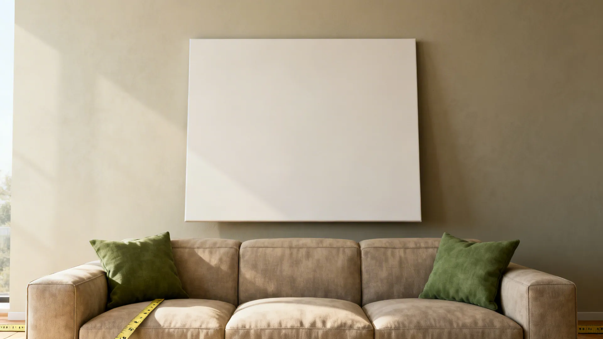 Large canvas above a sofa demonstrating correct scale and color harmony.