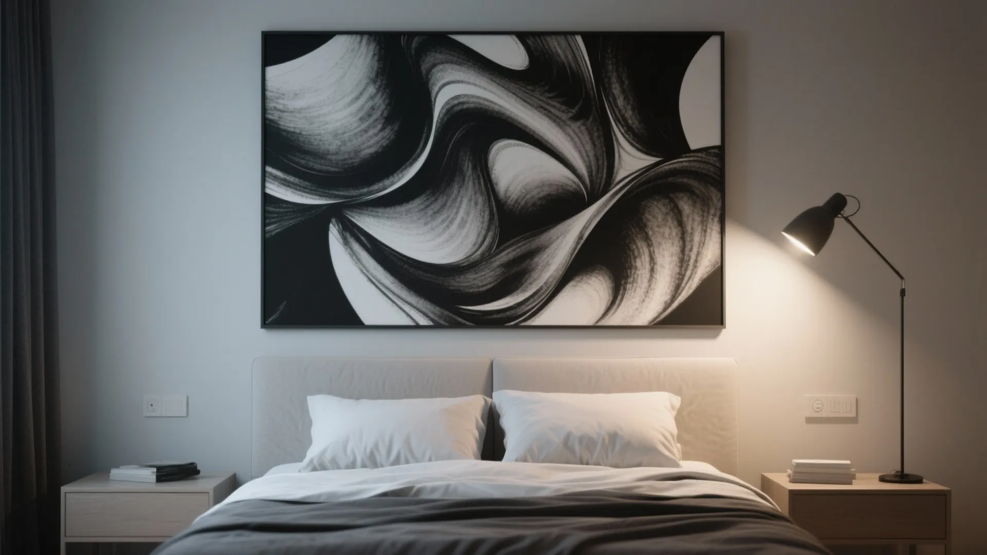 Large black and white abstract wall art hanging above bed with white pillows and lamp