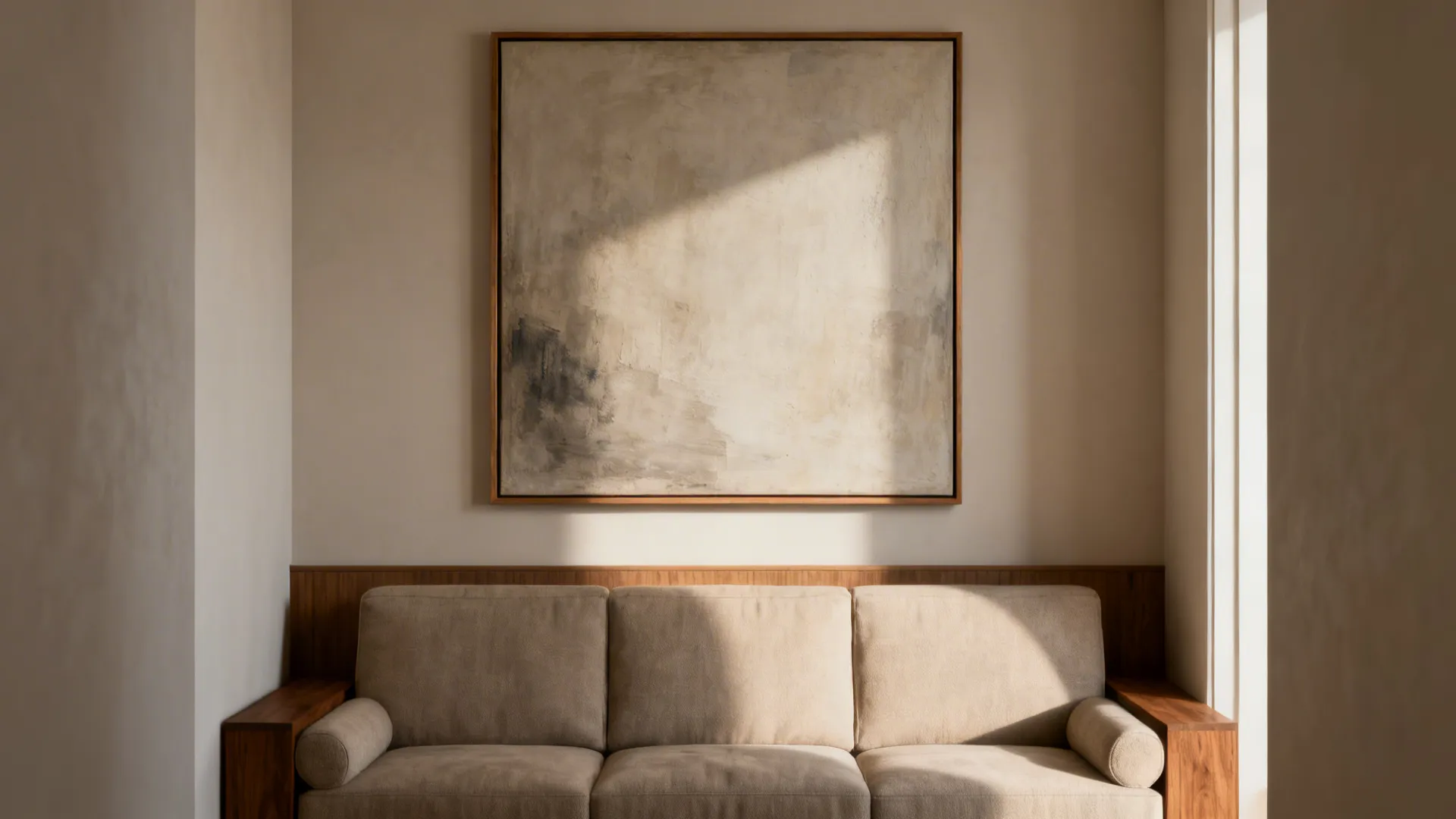 Sofa wall with a single oversized abstract canvas hung at eye level with balanced spacing