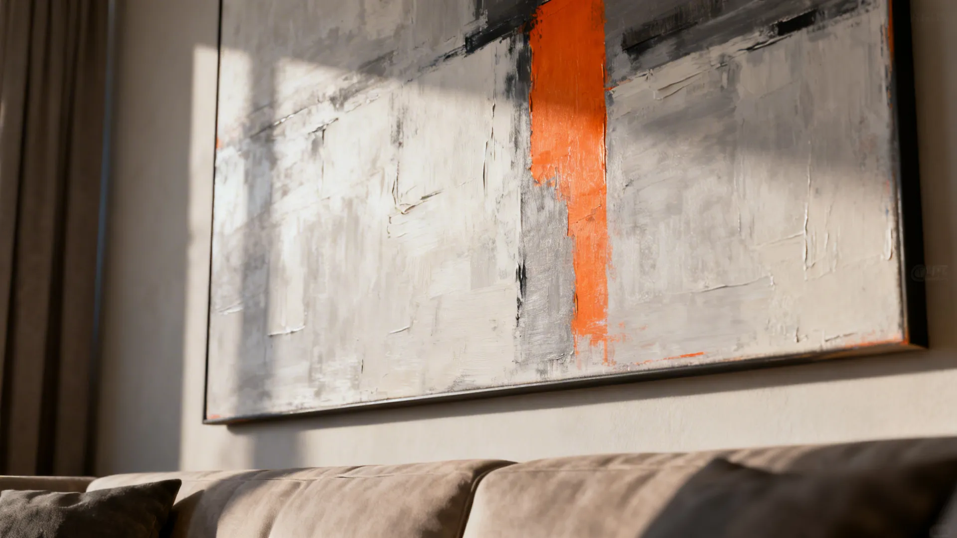 Close-up of an oversized abstract canvas with bold brushstrokes and visible texture above a sofa.