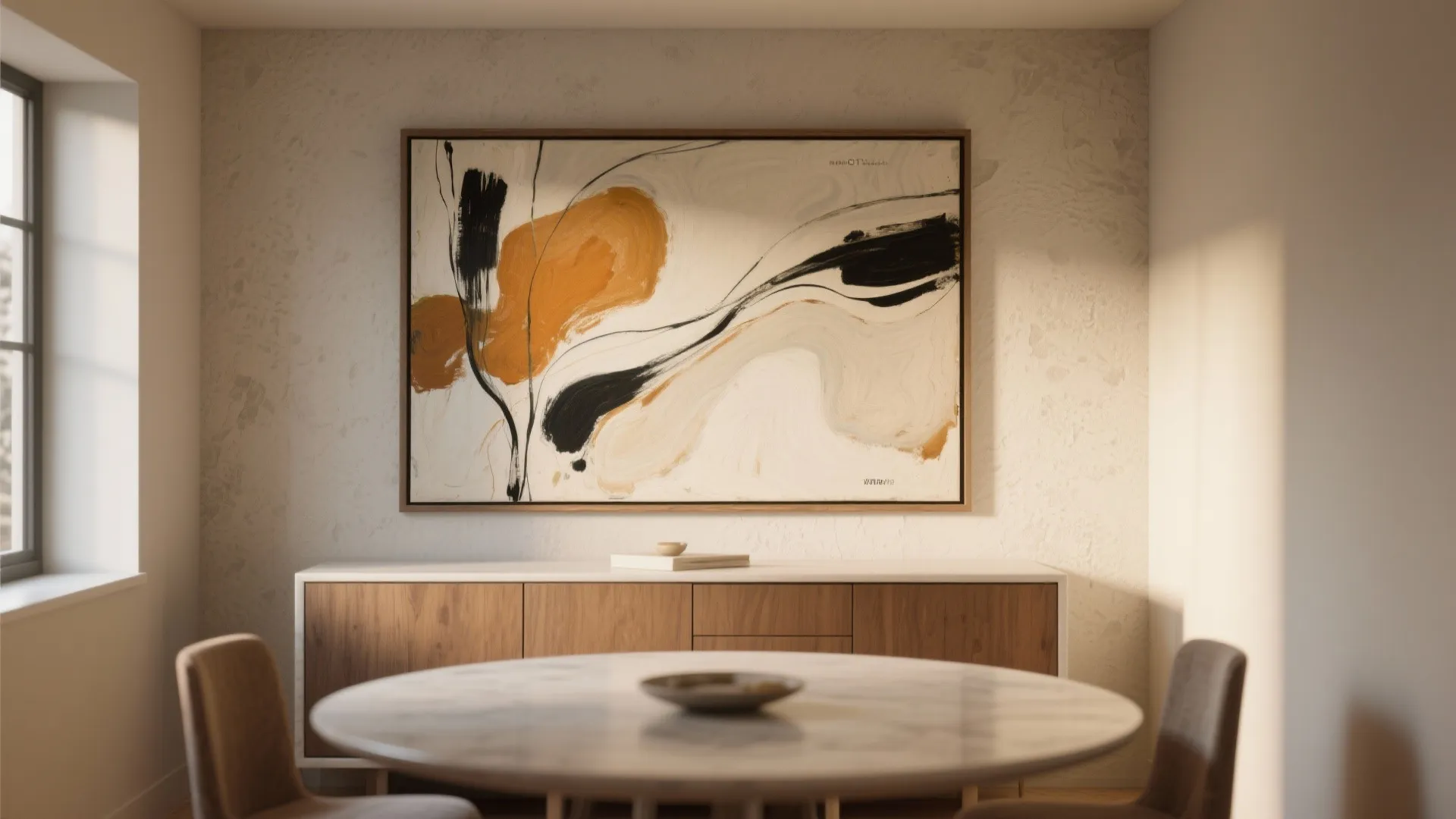 Modern dining room with a large abstract painting hanging above a wooden cabinet and table