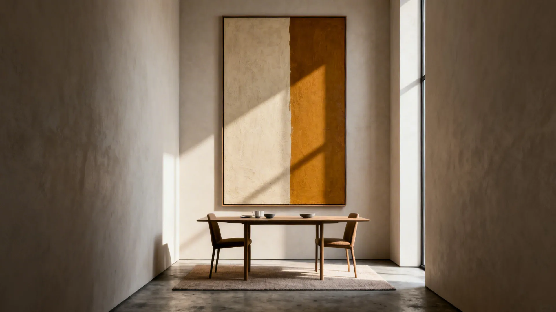 Dining table under an oversized abstract canvas in muted beige and ochre, adding height and pause to a small space.
