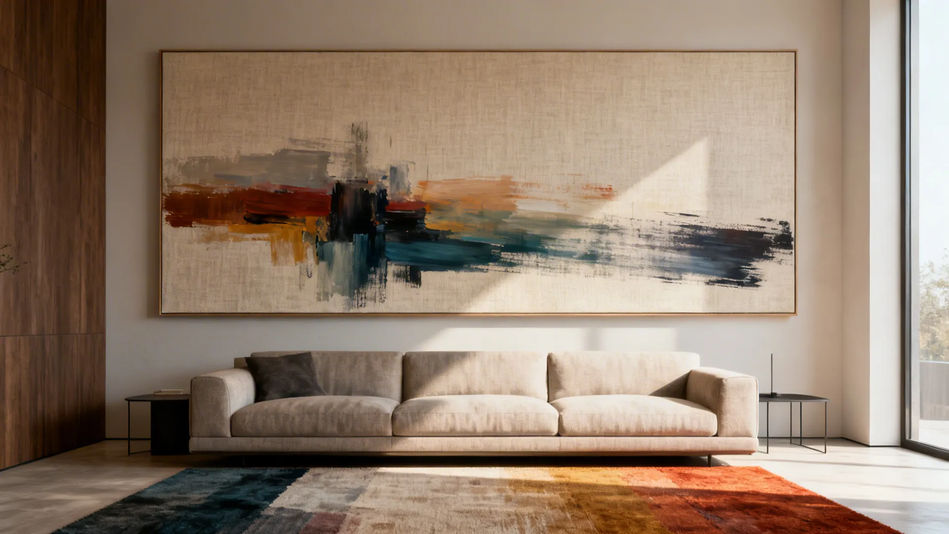 Modern living room with a large abstract painting hanging above a beige sofa and rug