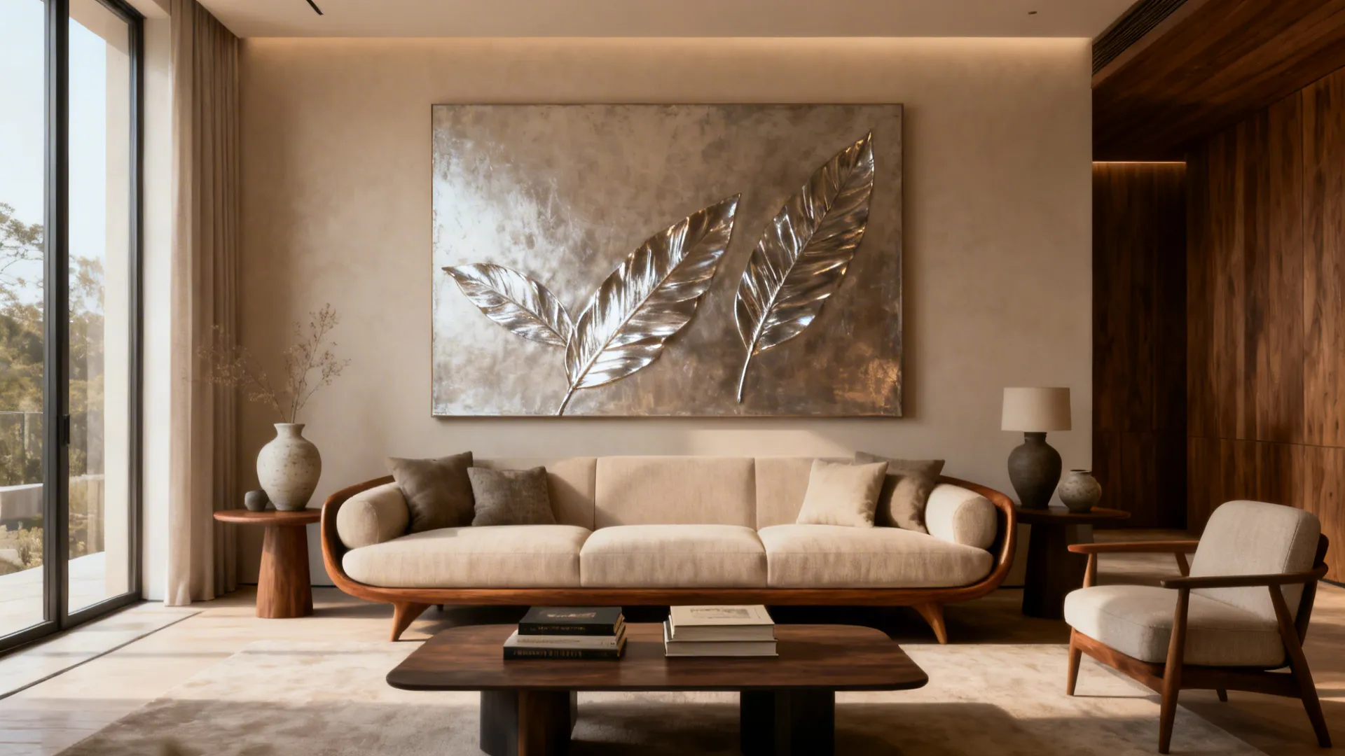 Large silver leaf wall art hanging above a beige sofa in a modern living room