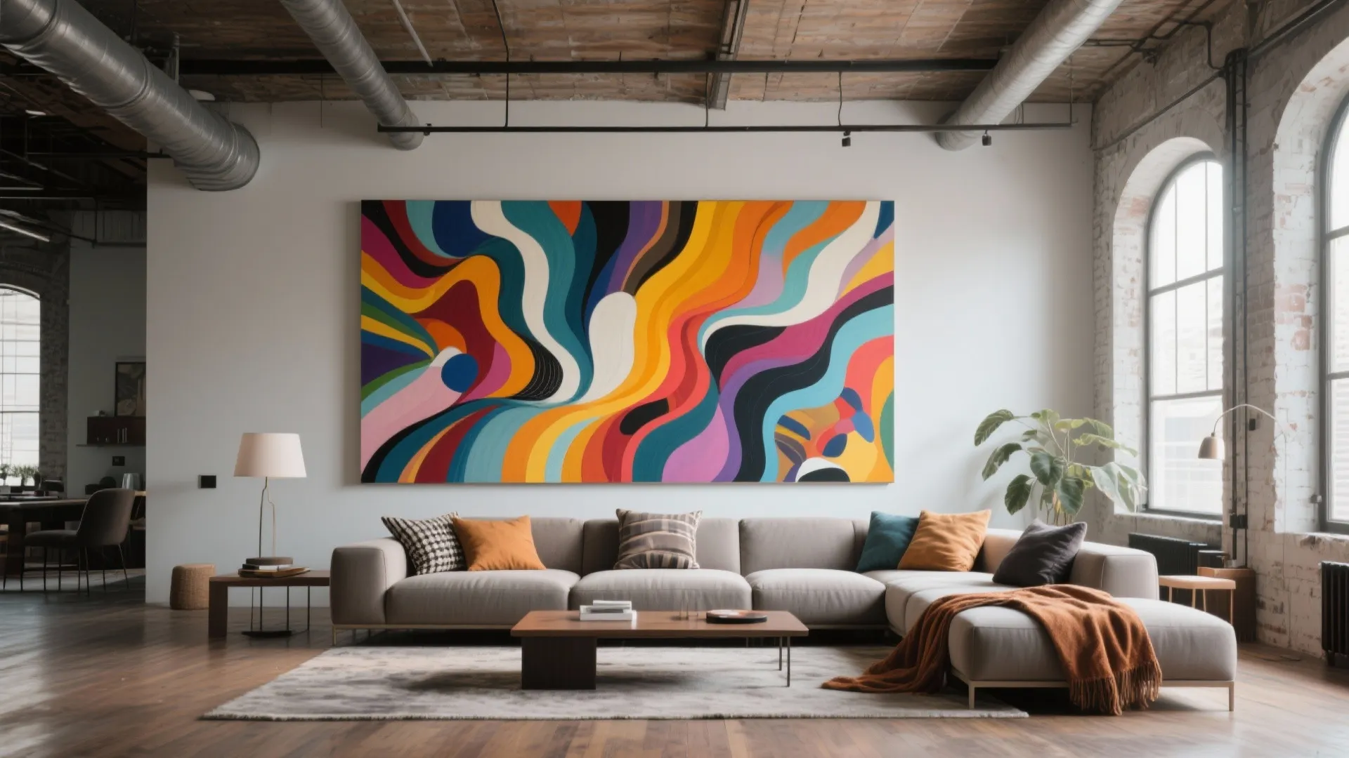 Oversized colorful abstract canvas in loft living room