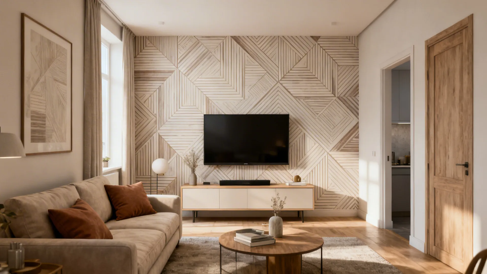 Compact living room with oversized geometric wallpaper behind sofa creating a focal point