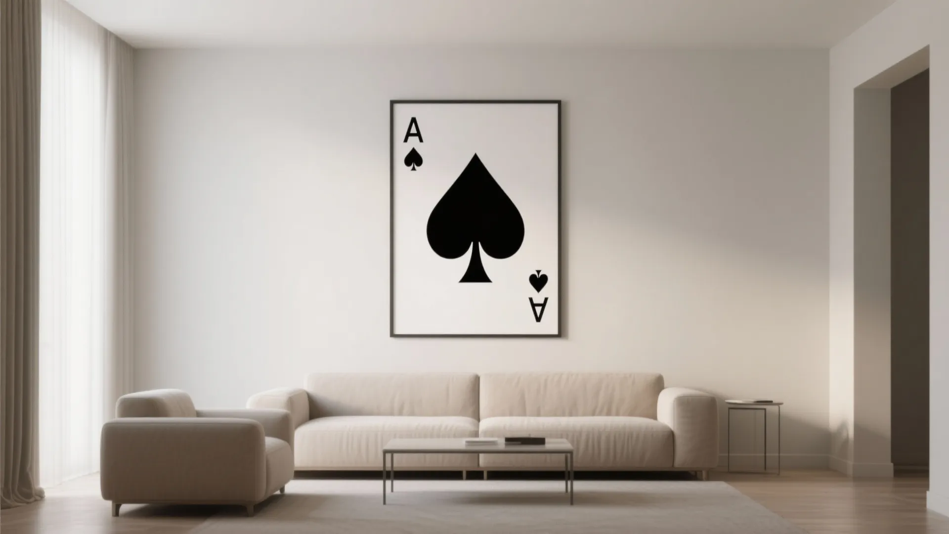 Minimalist room with oversized Ace of Spades wall print