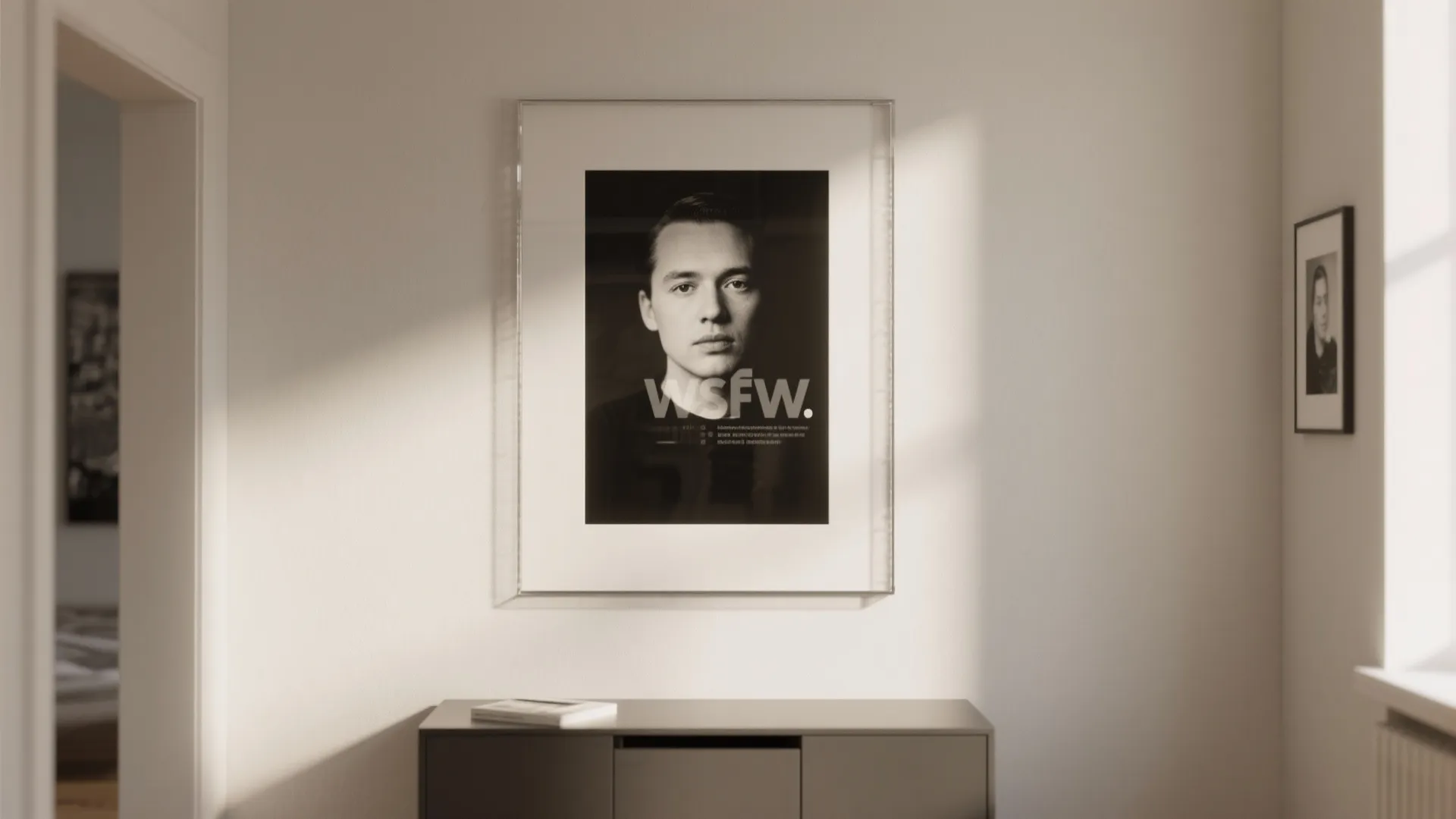 Large framed black and white portrait art hanging on a white wall above a grey cabinet