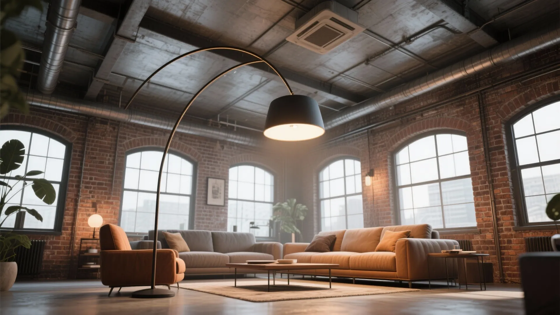Industrial loft style living room with red brick walls and a large curved floor lamp