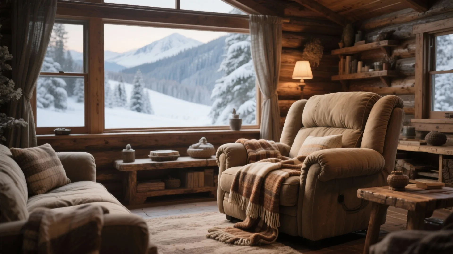 Large tan armchair with blanket in wooden cabin facing window with view of snowy mountains