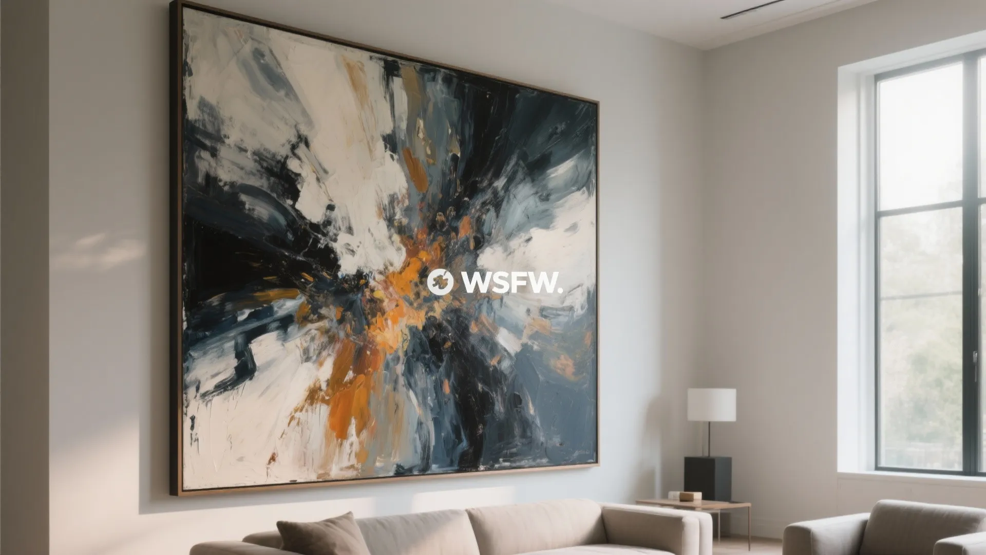 Large abstract wall art painting hanging in a bright living room near a white sofa