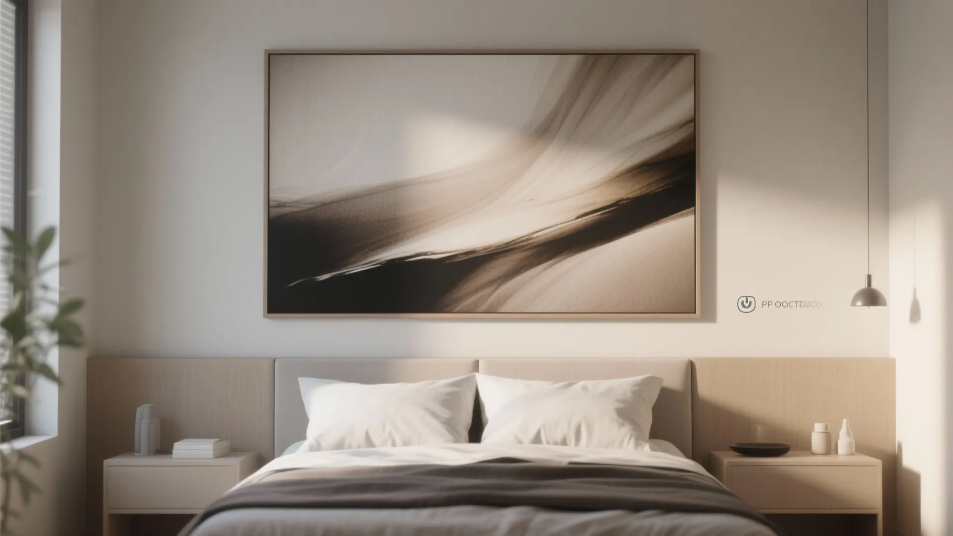Bedroom with a single oversized canvas above the bed creating a dramatic focal point and minimal surrounding decor.