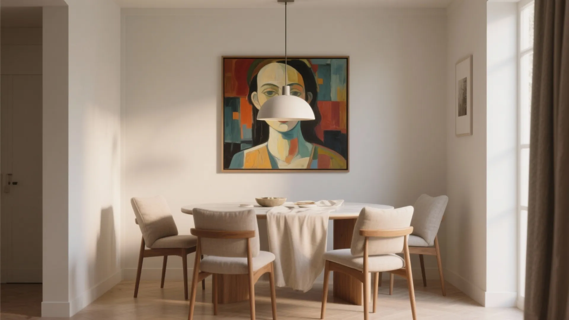 Modern dining room featuring colorful wall art, round marble table, beige chairs, and white ceiling light
