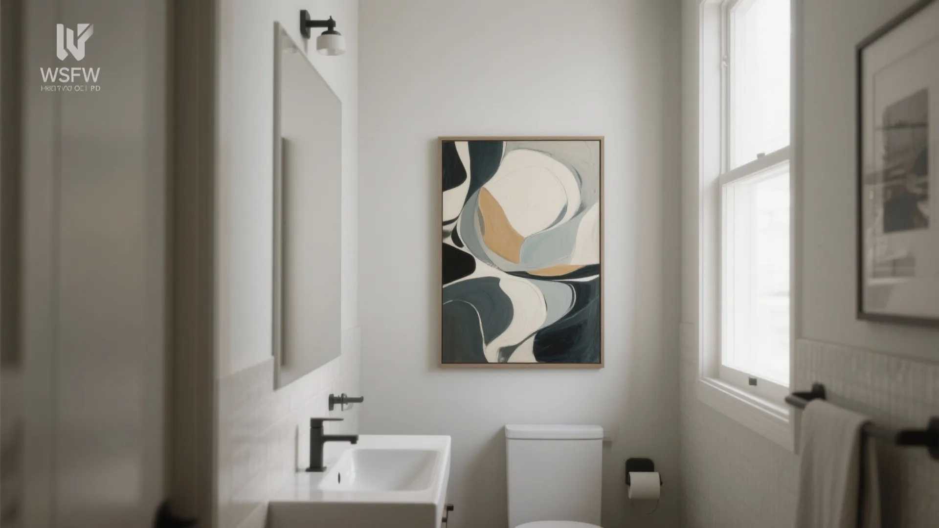 Modern bathroom with abstract wall art above the toilet next to a white sink and mirror