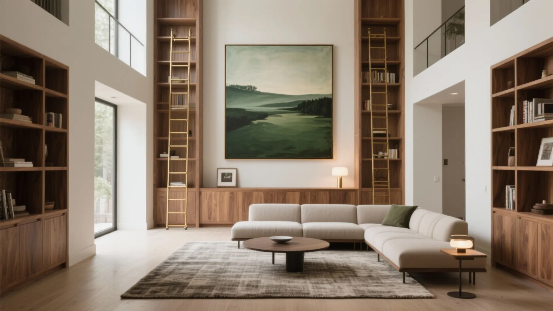 Oversized art and built-ins that anchor the volume