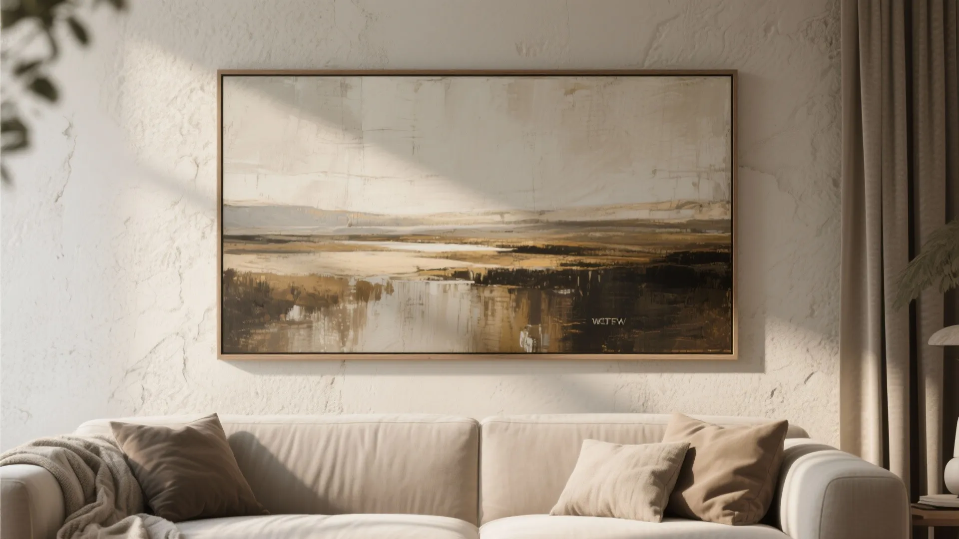 Large landscape wall art hanging above a cream sofa with brown pillows and beige curtains